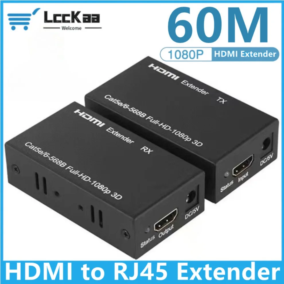 60M HDMI Extender RJ45 Ports Network HD 1080P HDMI to RJ45 Network Extender by CAT5e CAT6 LAN Extensor for PS4 TV Box PC laptop