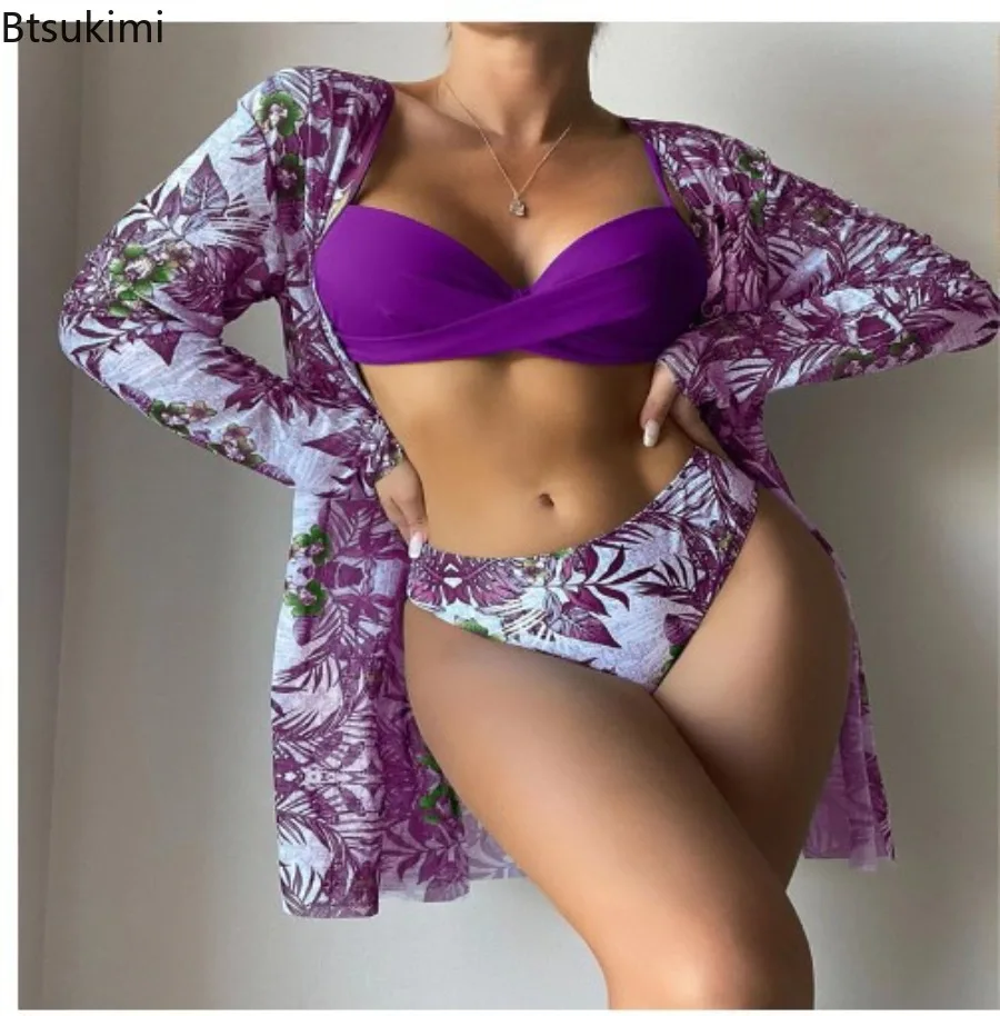 2025 Three Pieces Bikini Set Cover Up Swimwear Women Swimsuit Print Long Sleeve Push Up Bathing Suit Beachwear Swimming Biquini