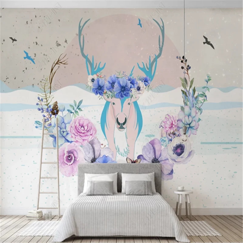 

Murals Wallpapers Bedroom North European flower deer head flower TV Sofa background wall papers For Living Room Home Decor 3d