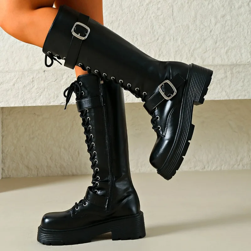 Platform Chunky Sole Women Knee High Boots Lace Up Double Buckle Side Zipper Shoes Punk Style Leather Long Motorcycle Boots view 5