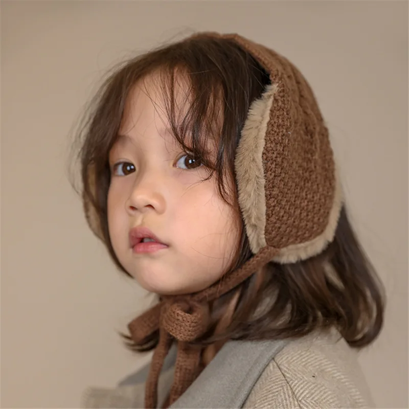 Thicken Children Earmuffs Japanese Style Handmade Knitted Warm Boys Girls Strappy Solid Color Cute Autumn Winter Accessories New