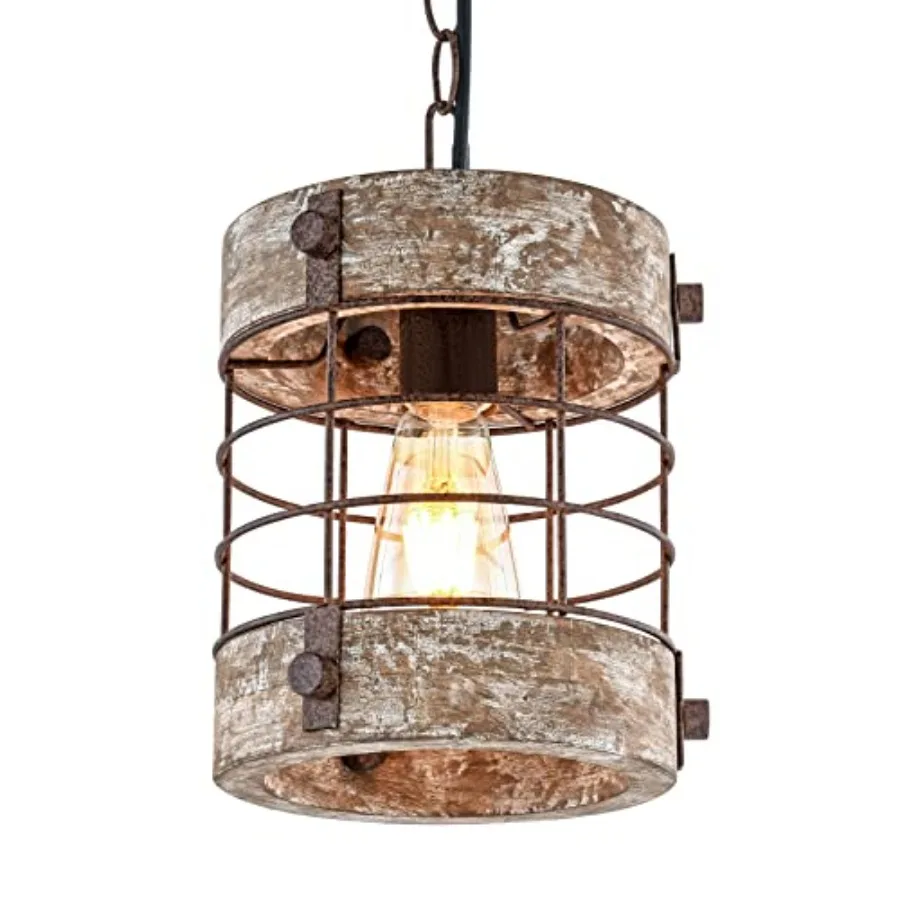 

Retro Industrial Metal and Wood Chandelier 1-Light Round Cage Pendant Light Fixture for Kitchen Island Foyer Hallway Bar Dining