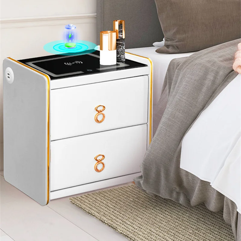 

Smart Bedside Cabinet Hotel Wireless Charging with LED Multi Functional Wood End Table USB Charging Bedroom Storage Cabinet