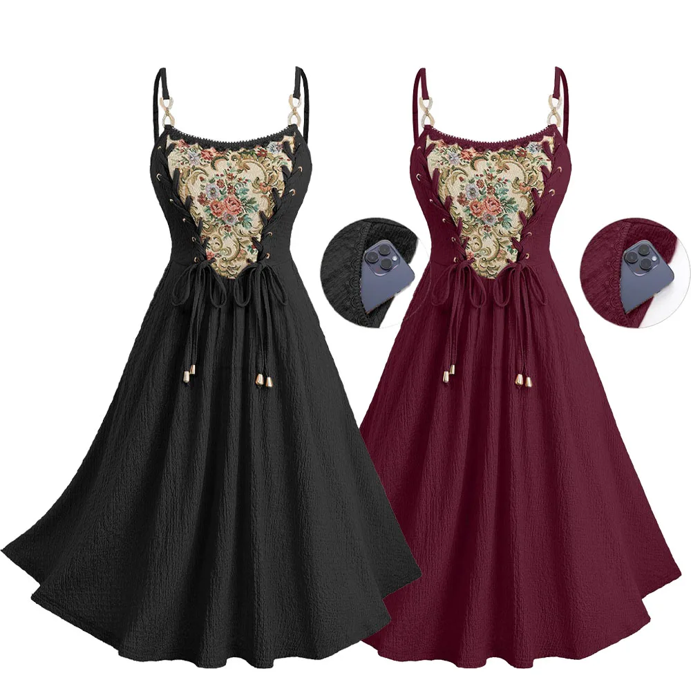 

ROSEGAL Plus Size Flowers Leaf Printed Lace Up Pocket Textured Cami Dress A-line ladies date Sleeveless dress