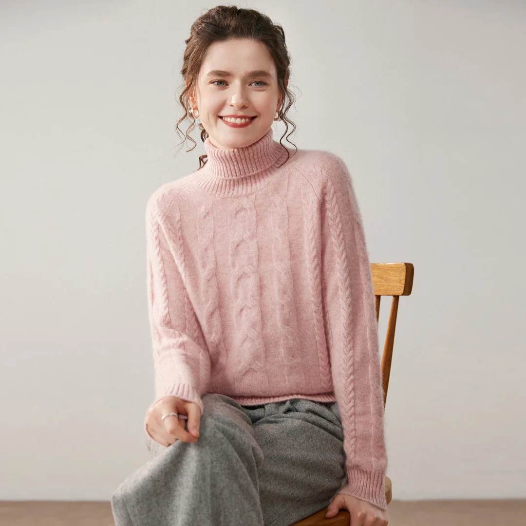 100% cashmere women's sweater casual solid color knitted pullover Turtleneck Blouse thick warm Tops twist Jumper fashion