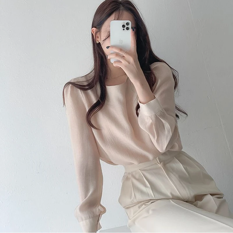

Faionable round Ne Bubble Sve irt Women's Base Layer Inner Wear Top Simple Sli Color Sweet Sle Long Sve