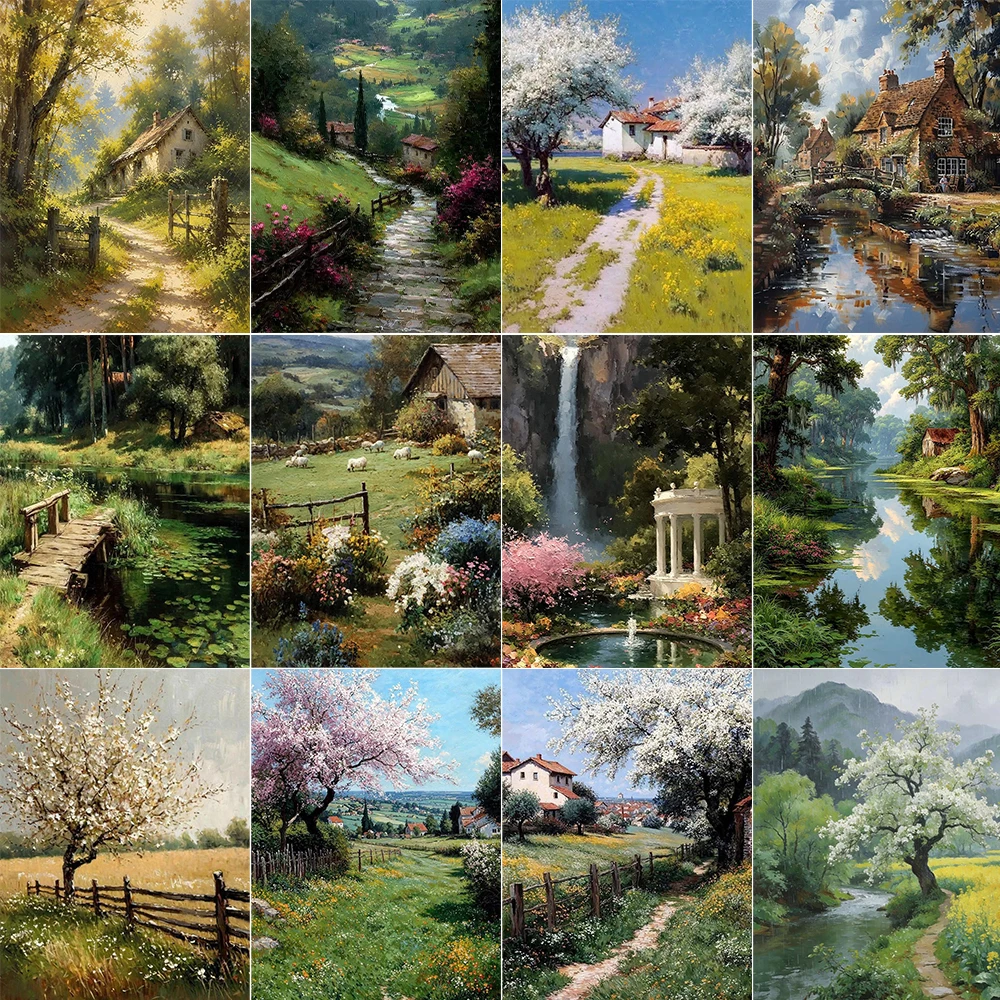 Village Forest House Art Poster Natural Landscape Canvas Printing for Modern Home Decoration, Elegant Wall Arts Painting Gifts