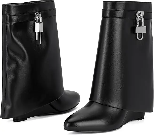 Fashion Women\'s Ankle Boots Wedge Newest 2024 Shark Lock Vintage Mid-Calf Boots Luxury Pointed Toe Short Boots