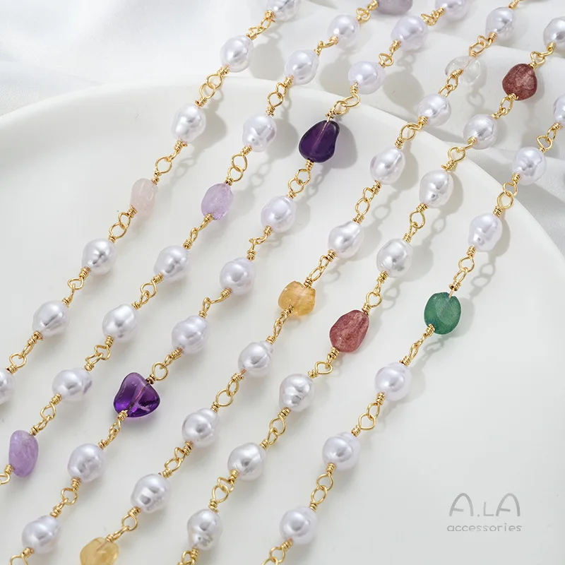 14K Gold Natural Special-shaped Amethyst Strawberry Crystal Imitation Pearl Chain DIY Bracelet Jewelry Handmade Loose Chain