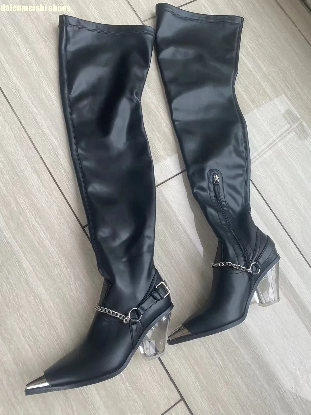 

2025 New Women Over Knee Boots Black Leather Clear Chunky Heel Metallic Square Toe Fashion Boots Side Zipper Ankle Chain Shoes