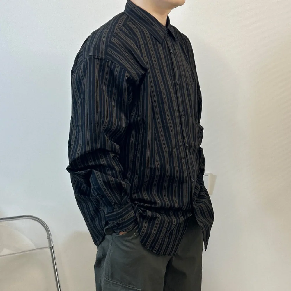 Japanese Retro Silhouette Loose and Simple Contrasting Striped Shirt Men's and Women's Long Sleeved Shirts