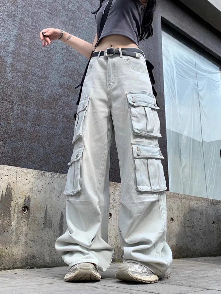 Streetwear Women Multi Pocket Spring Autumn Cargo Pant High Waist Wide Leg Denim Pant 2000S Harajuku Street Hip Hop Trendy Jeans