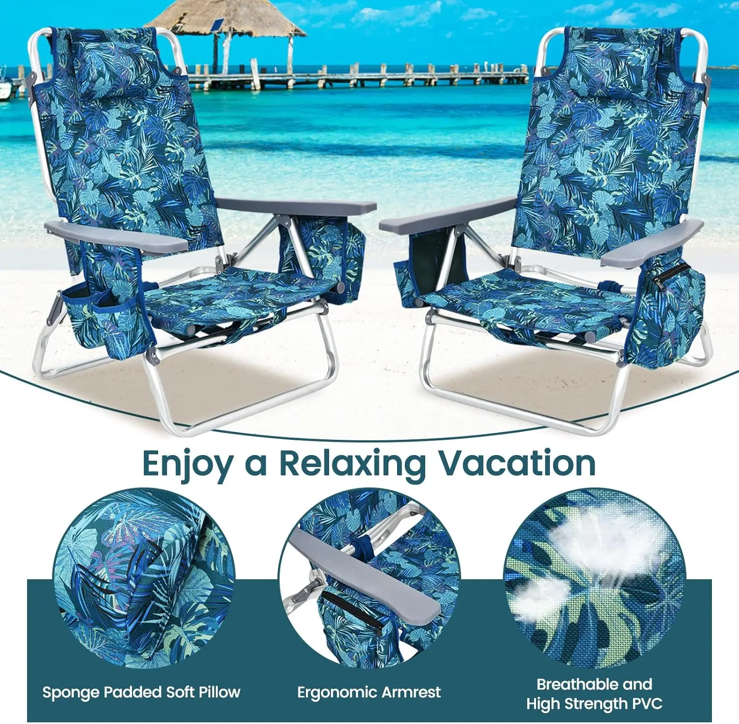 Set of 4 Backpacks Beach Chairs 5 Positions with Cooler Bag 2 Cup Holder Towel Bar Lightweight Low Folding Beach Chairs