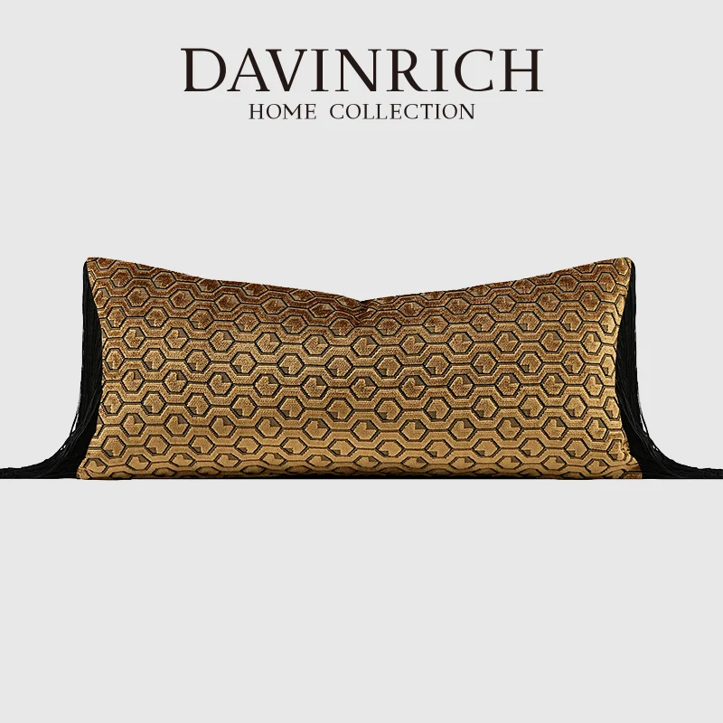 DAVINRICH Luxurious Upholstery Gold Hexagon Embroidery Lumbar Pillow Cover Fringed Bolster Cushion Case For Villa Hotel Office