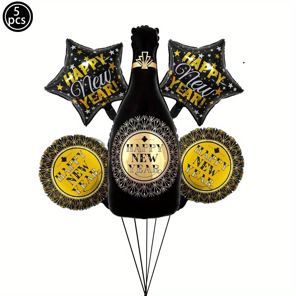 

5pcs Happy New Year Black Gold Wine Bottle Foil Balloons New Years Eve Party Home Decorations Backdrop Supplies