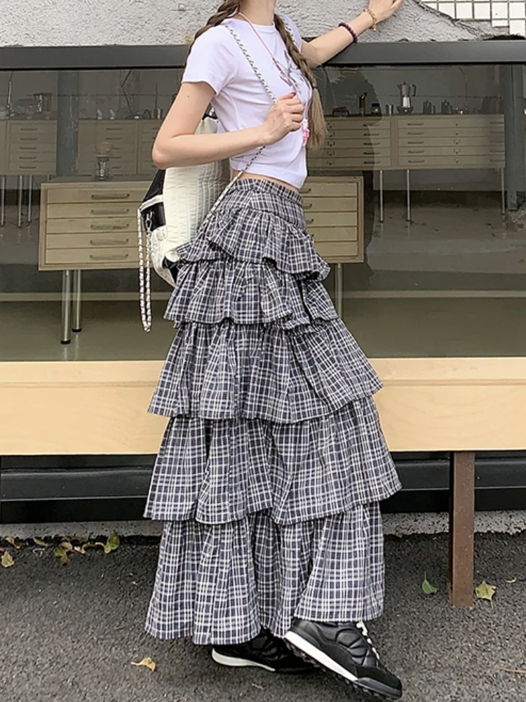 Long Skirt Womens Plaid Skirt 2024 Goth Lolita Spring Summer High Waist High Low Layer Ruched Ruffle Ball Gown Skirts rok