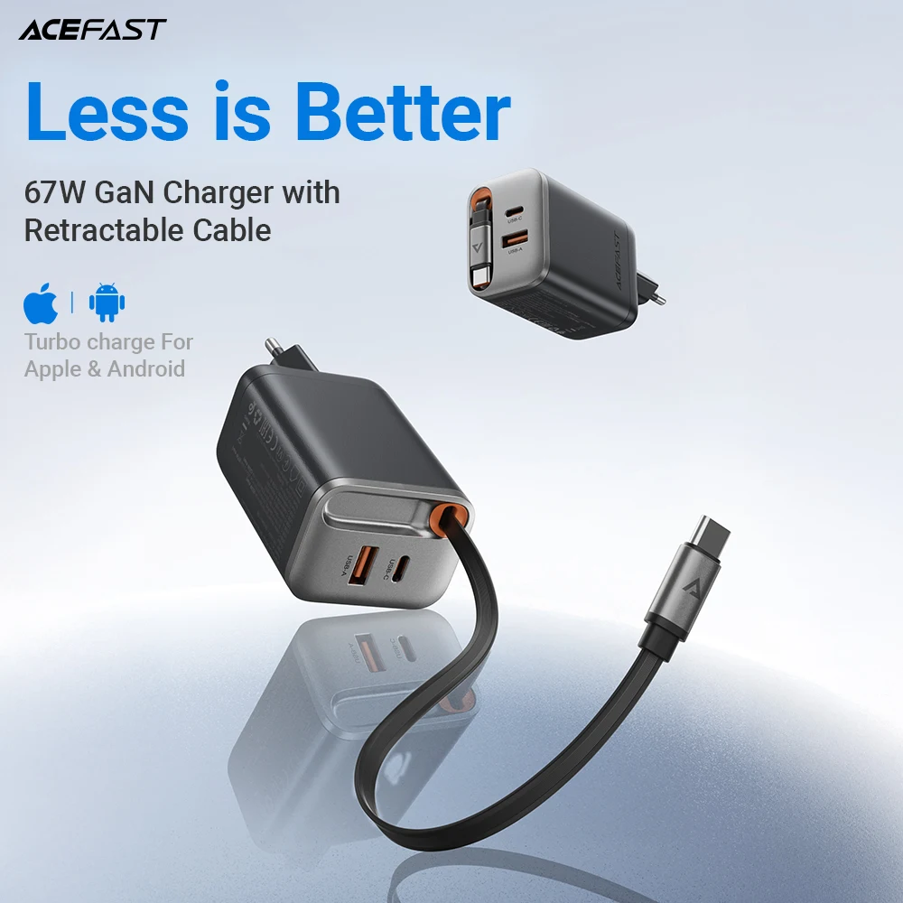 

A111 67W GaN Charger with Retractable Cable PD Fast Charging For Laptop Macbook iPhone 16 15 14 Xiaomi Type-C Phone Charger