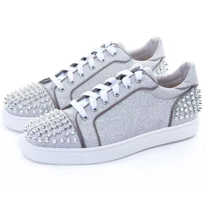 mens luxury fashion stage nightclub rivets shoes lace-up natural leather studded shoe silver spikes sneakers designer footwear
