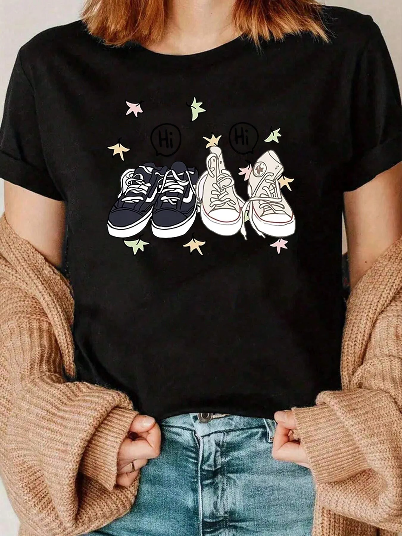 Sneakerprint en hoge tekst T-shirt vrijetijdskleding voor dames 220g