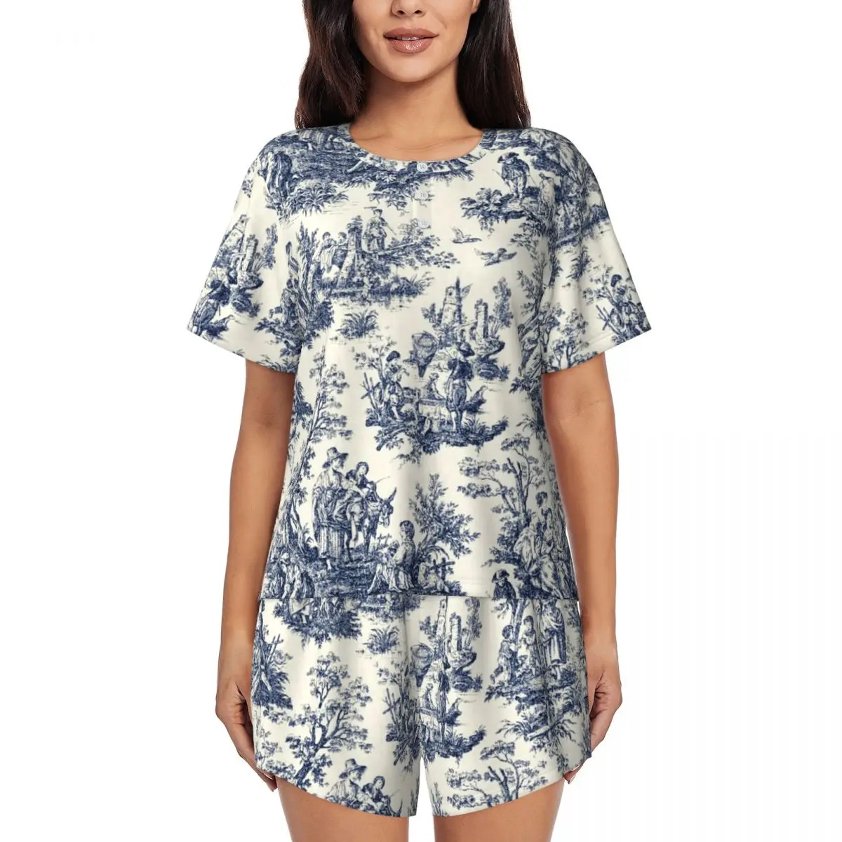 

Винтажный пижамный комплект Toile De Jouy на заказ, женская одежда для сна с короткими рукавами, темно-синяя и белая одежда для сна, домашняя одежда, комплект из 2 предметов