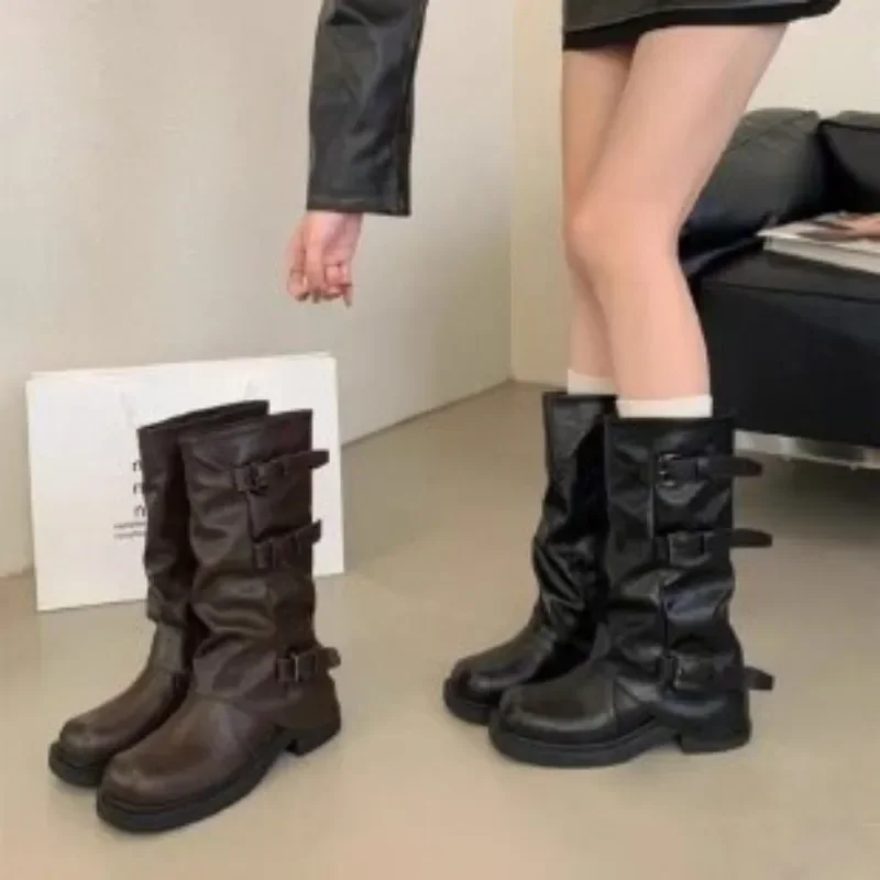 Distressed Leather Buckle Strap,Vintage Cowboy Slouchy Mid Calf Boots Ladies,   Square Toe Low Heel Casual Footwear