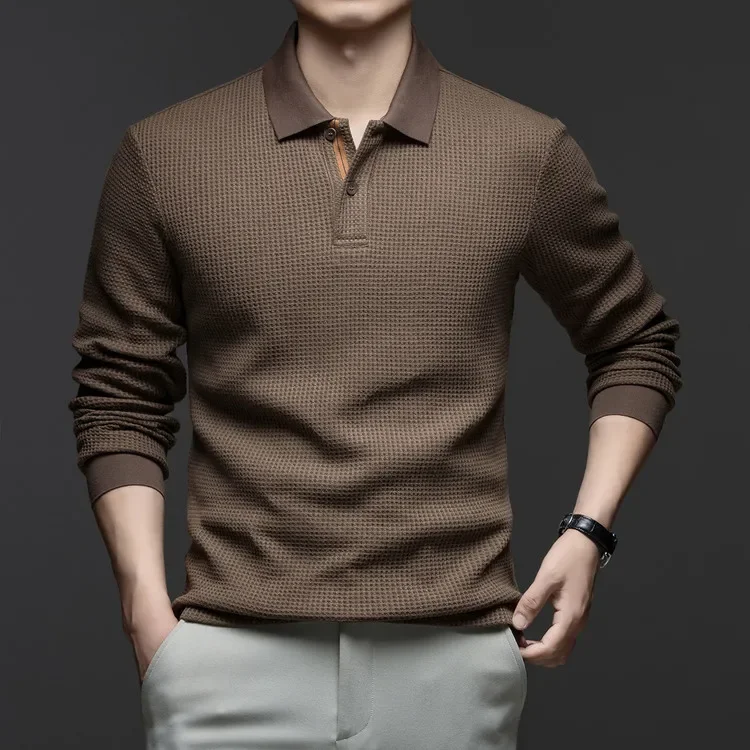 Langarm-Poloshirt aus Waffelstrick – Weiche Baumwollmischung, Slim Fit, Lässiges Business-Oberteil für Herbst und Winter, Mehrfarbig – Detail 24