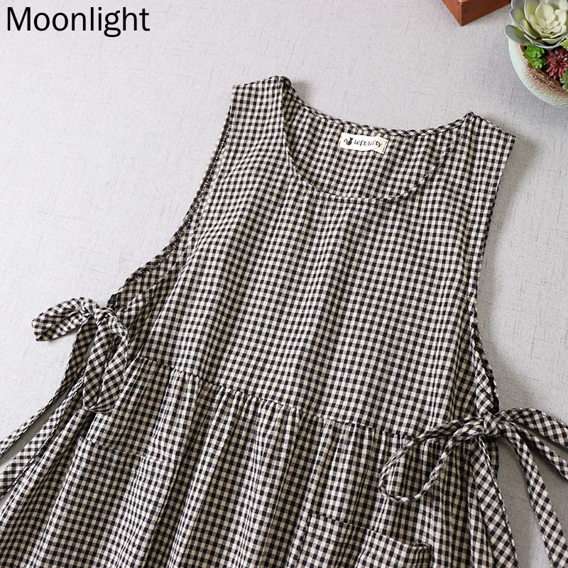 Plaid Cotton Linen Sleeveless Dresses Summer New Japanese Vintage Mori Girl Lace-up Midi Dress Loose All Match Pockets Vestidos