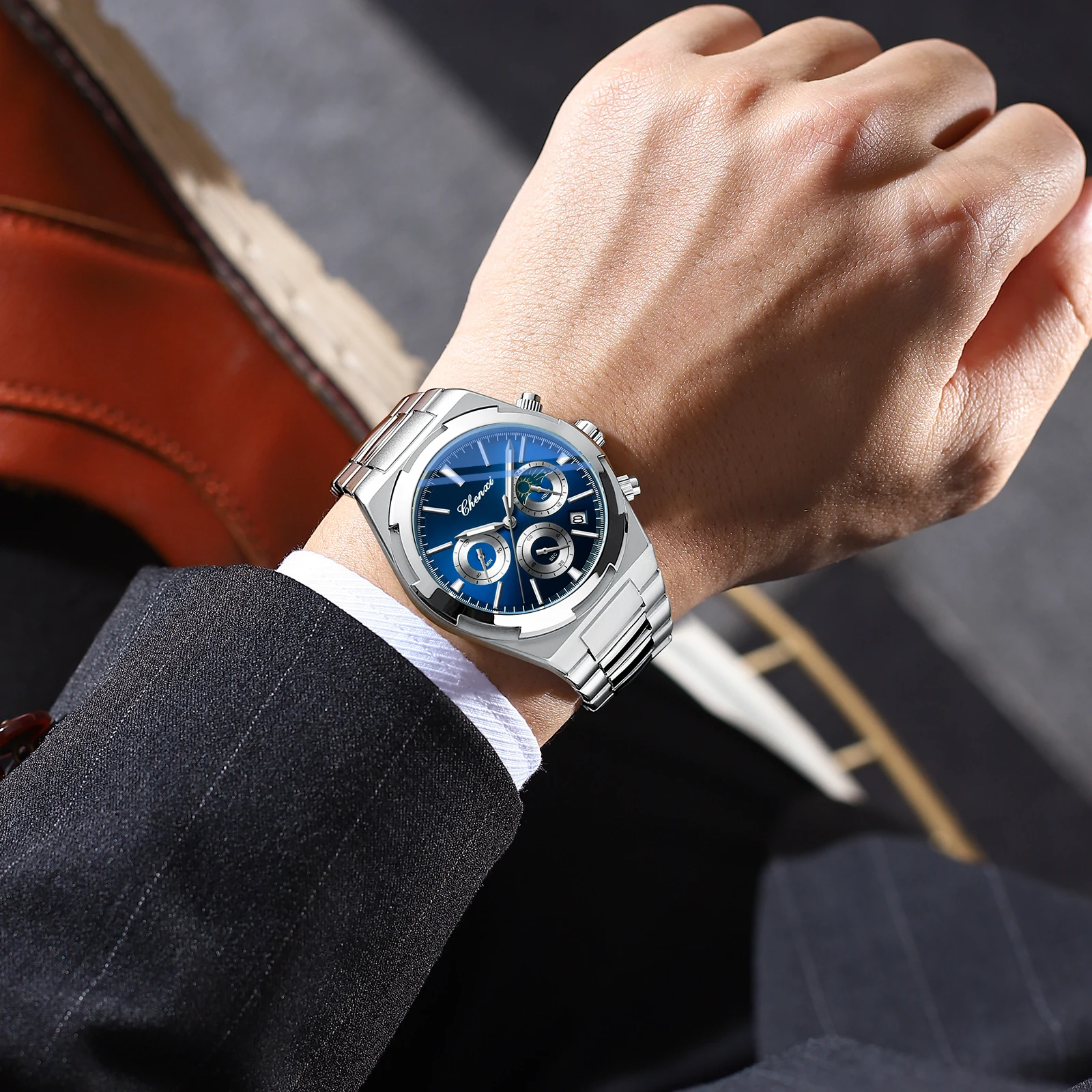 CHENXI, relojes de cuarzo de marca de lujo para hombres, calendario de sincronización resistente al agua, fase lunar, reloj de ocio de negocios multifuncional 2025