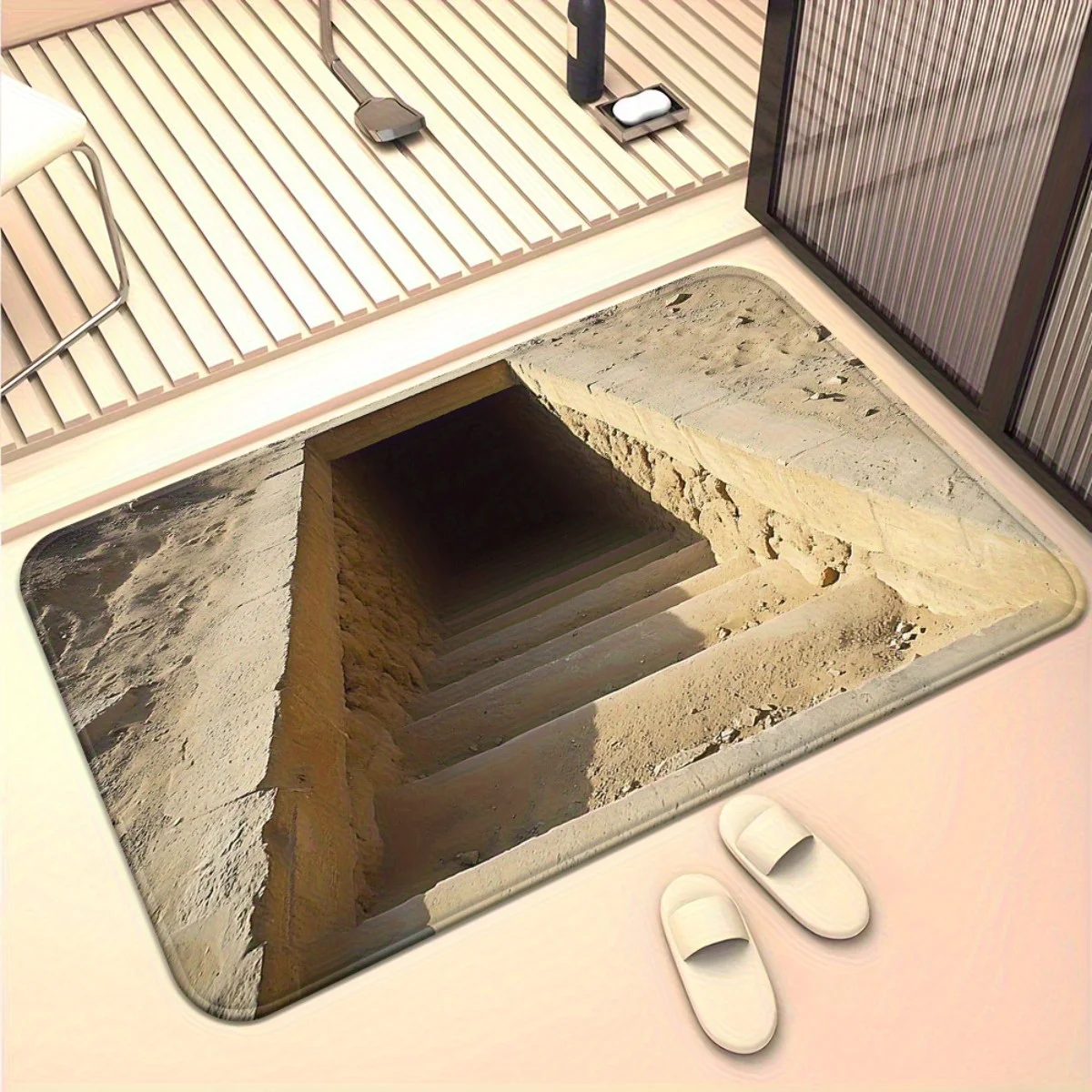 2D Flat 3D Illusion Staircase Pit Concrete Texture Flannel Bath Mat Non Slip Optical Art Rug For Bathroom Shower Floor Decor