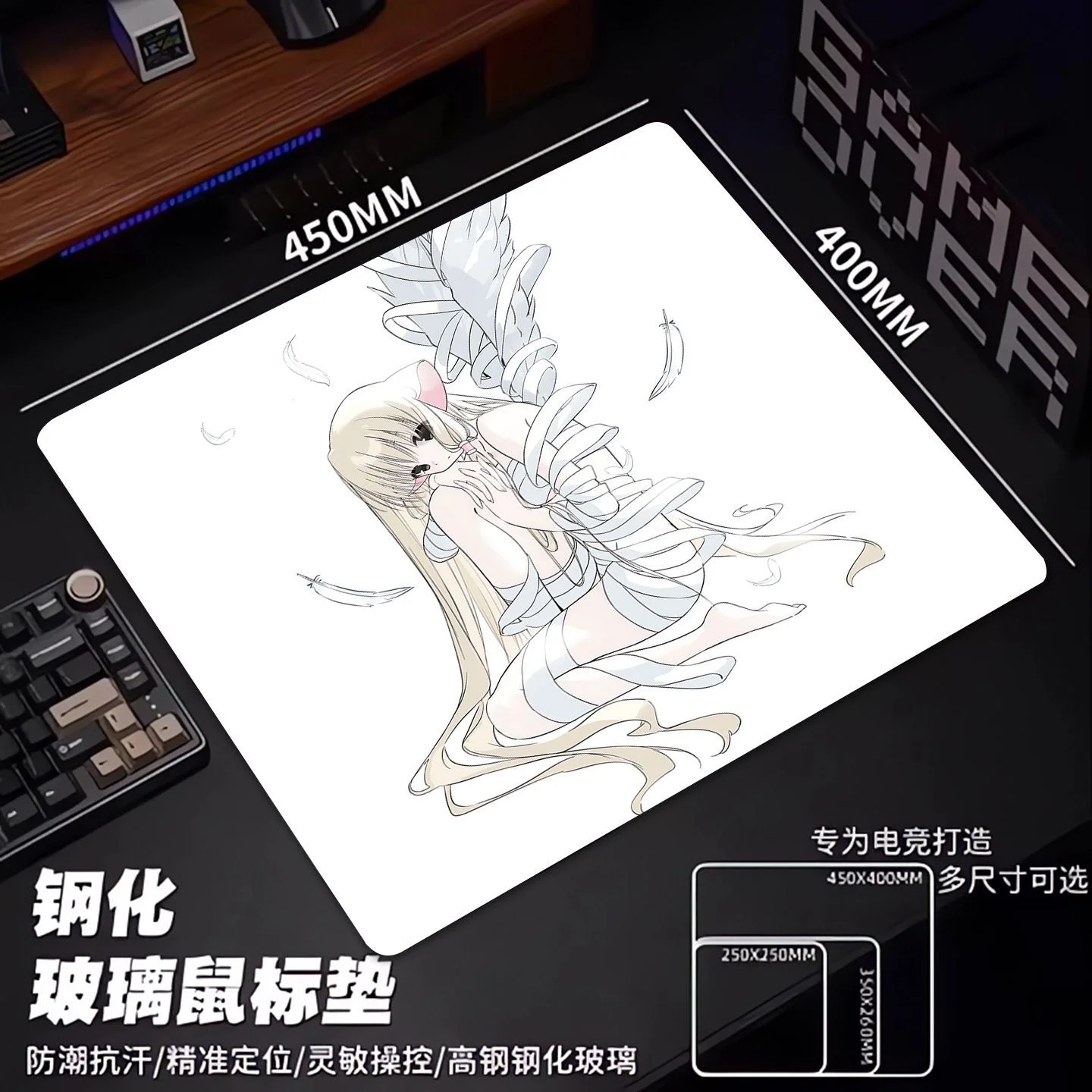 Binding Angel Girl Glass Gaming Mouse Pad Large Tempered Surface for FPS eSports Ultra-Smooth Glide Professional Desktop Mat