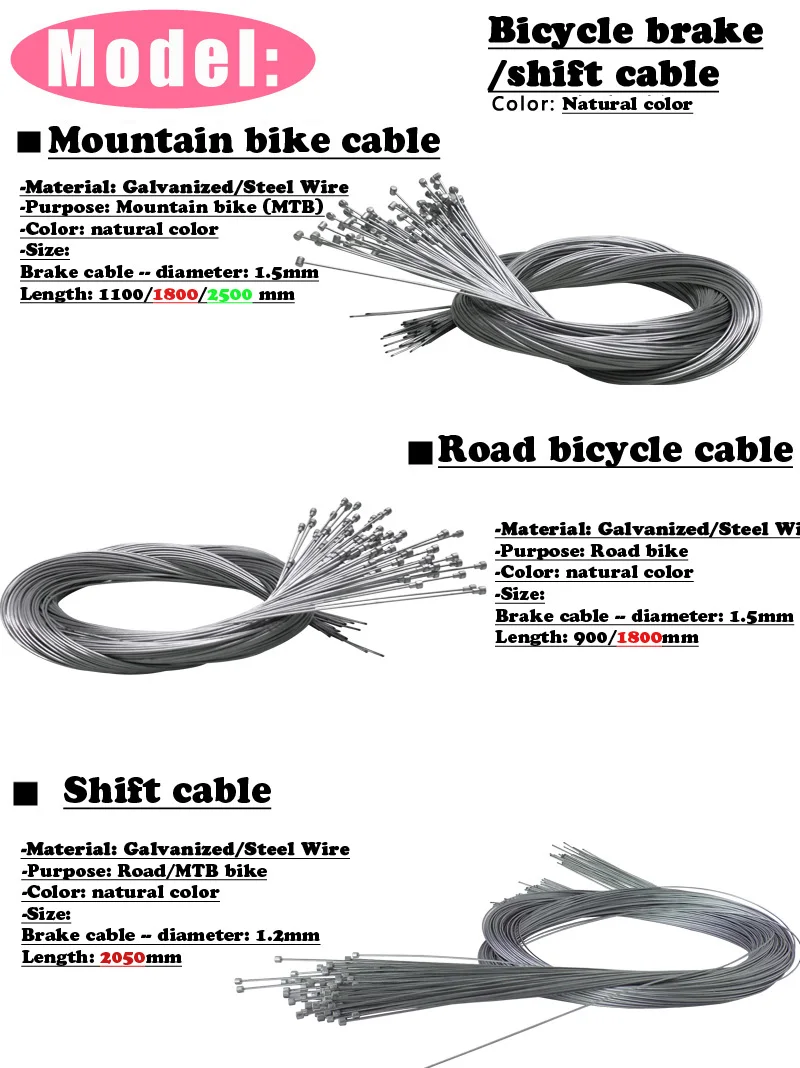 DELT 10 قطعة 1100/1800/2500 مللي متر كابلات فرامل الدراجة ، كابل الفرامل الداخلي الأساسية ، سلك فولاذي مجلفن ، كابل فرامل الدراجة أجزاء الدراجة