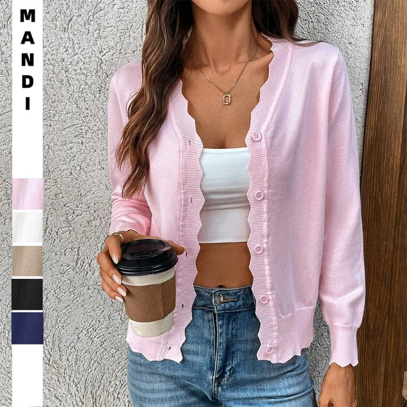 

2025 Summer New Style V-neck Long sleeved Knitted Cardigan Solid Color Ice Silk Coat for Women