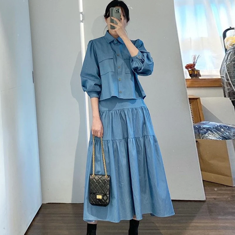 Korean Fashion Matching Sets Turn Down Collar Puff Sleeve Button Blouses High Waist Stitching Long Skirts Solid Color Women Set