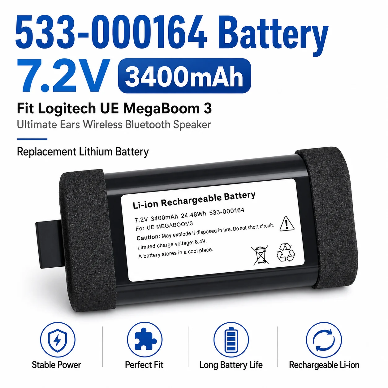 533-000164 Battery 7.2V 3400mAh Fit Logitech UE MegaBoom 3 Ultimate Ears Wireless Bluetooth Speaker Replacement Lithium Battery