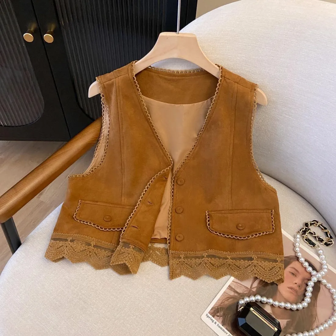 

Women's 2025 LACE Suede Vests Solid Color Front Button Sleeveless Hippie Cropped Jackets Streetwear Retro Waistcoat