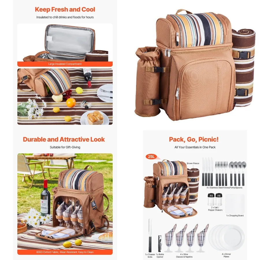 

Сумка-рюкзак VEVOR для пляжного пикника на четыре человека с отделением-холодильником, коричневый