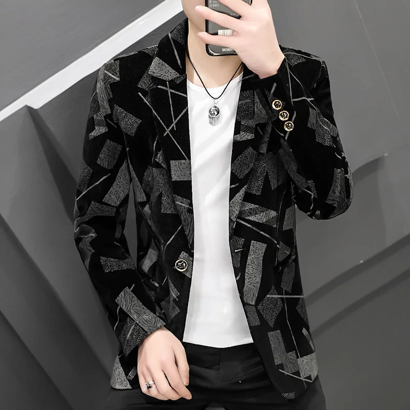 New Corduroy Men Blazer Black Print Slim Fit Business Casual Formal Suit Jacket Fashion Personalized Coat M-5XL Wedding Dress