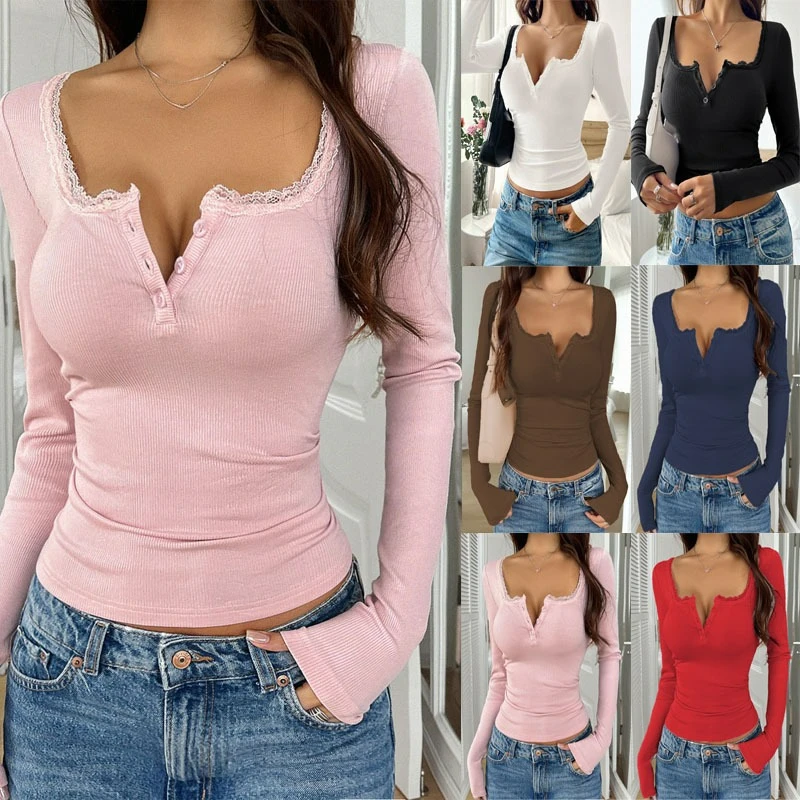 

2026 New Autumn and Winter Lace Trim Button-Up V-Neck Long Sleeve Knitting Top Bodysuit for Women Temperament Commuting T-Shirts