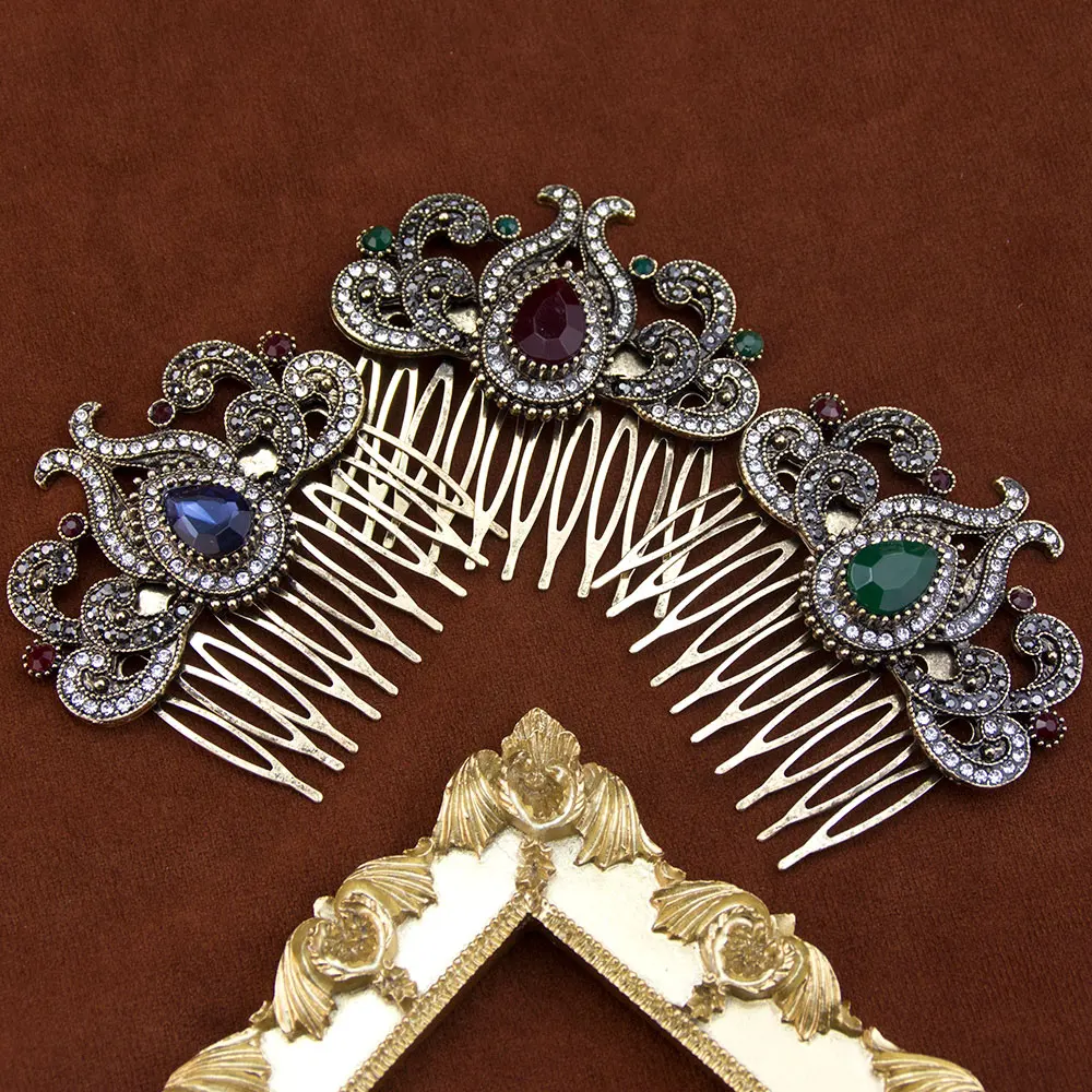 Sunspicems Retro Vintage Bohemia Turkish Women Hair Comb Jewelry Antique Gold Color Crystal Arabic Banquet Bijoux