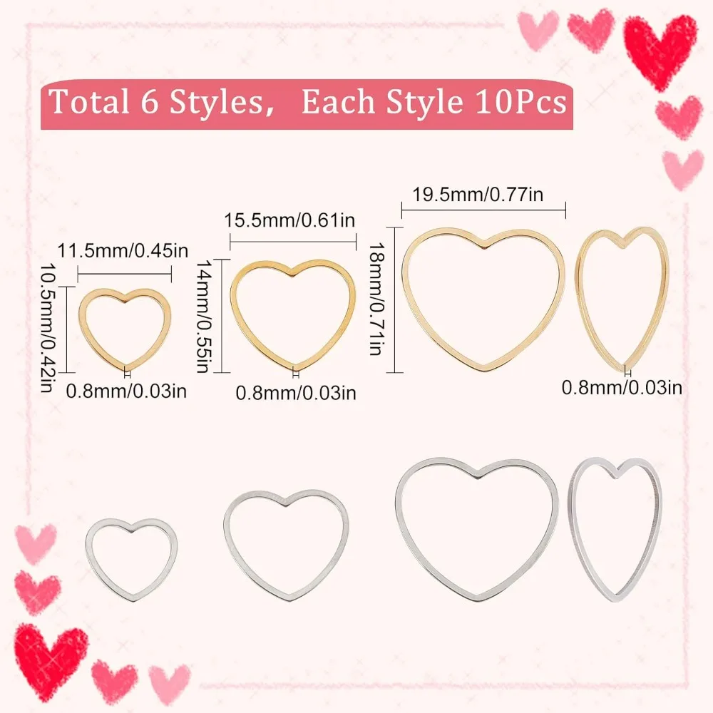 1 Box 60Pcs 3 Size Heart Connector Charms 304 Stainless Steel Love Charm Open Bezels Frame Romantic Link Charm for Jewelry