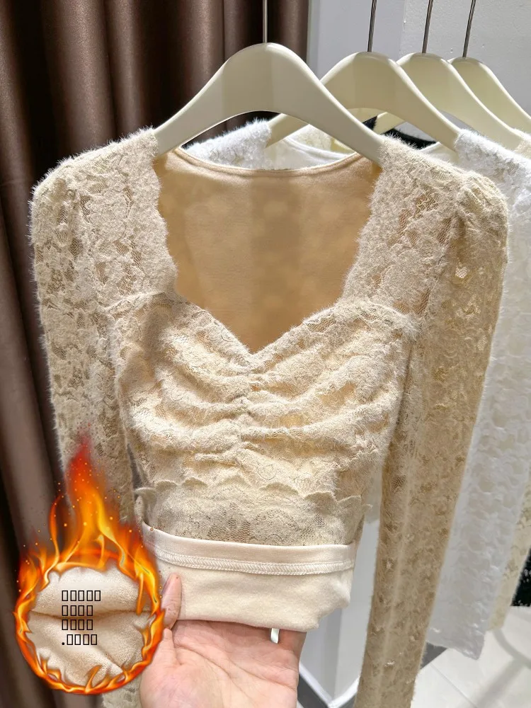 

Thiened Fce Long Sve V-Ne Lace Base Layer Top Women's Autumn Winter New Sle Warm Inner Wear Double Brued Nylon ...