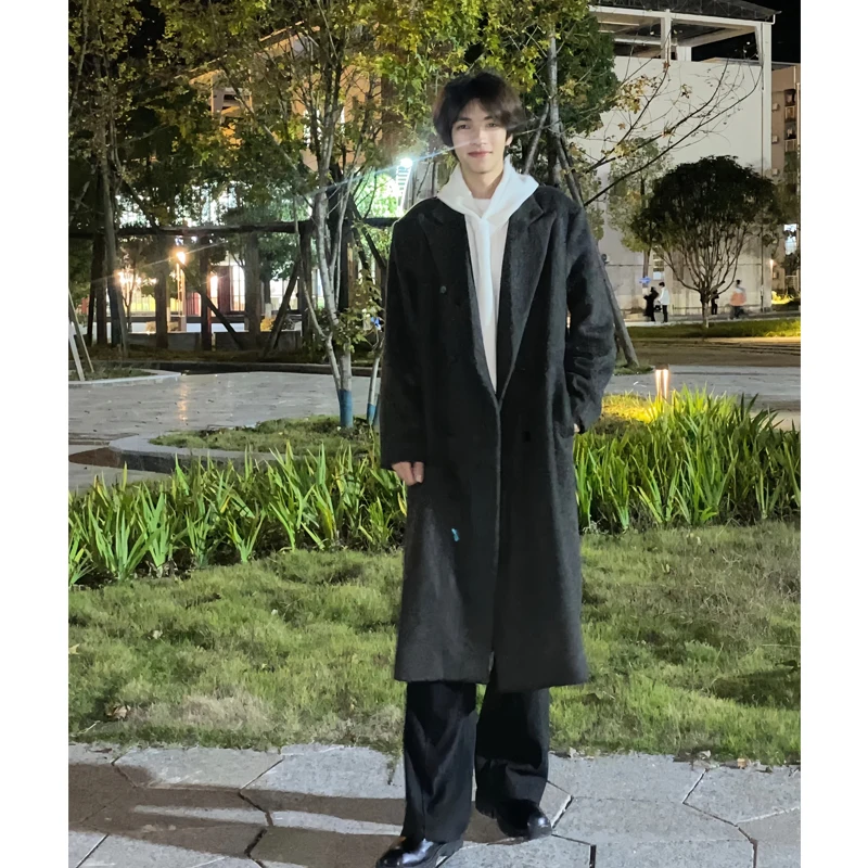

Korean Sle Men's Woolen Coat over Knee Length Middle Long Suit Collar Autumn Winter Faion Brand Casual Loose Fit Polyeste...