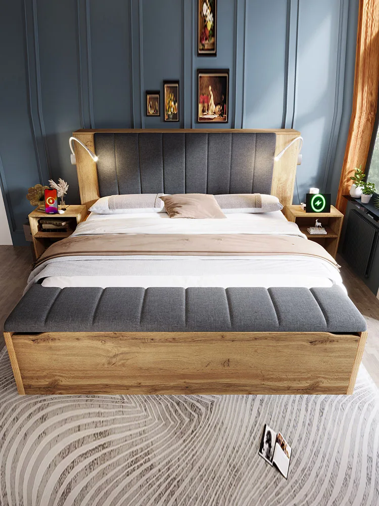 KOMHTOM  eichefarbenes Holz-Doppelbett Mit klappbarem Leinen-Kopfteil, 2 integrierten Nachttischen, stauraumfähiger Bettbank, USB-fähigen Leselampen & stabilem Lattenrost