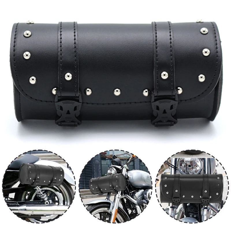 

Motorcycle Tool Bag Faux Leather Handlebar Roll Bag Waterproof Saddlebag Side Pannier Retro Sissybar Pack for Cruiser Sportster