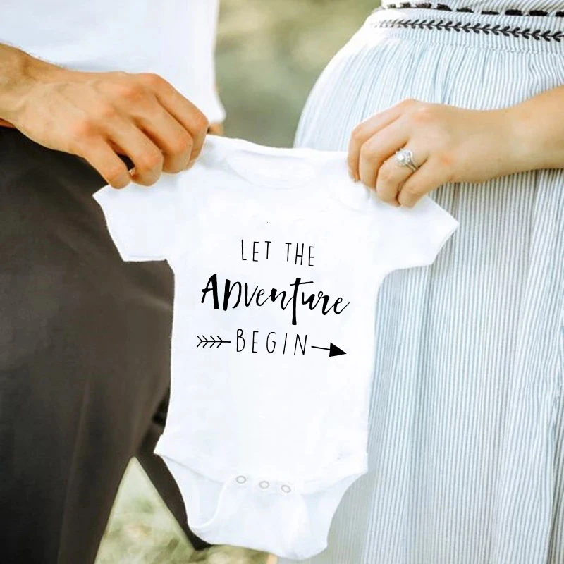 

Let The Adventure Begin Baby Announcement Outfit Cotton Newborn Baby Bodysuits Summer Boys Girls Romper Body Pregnancy Reveal