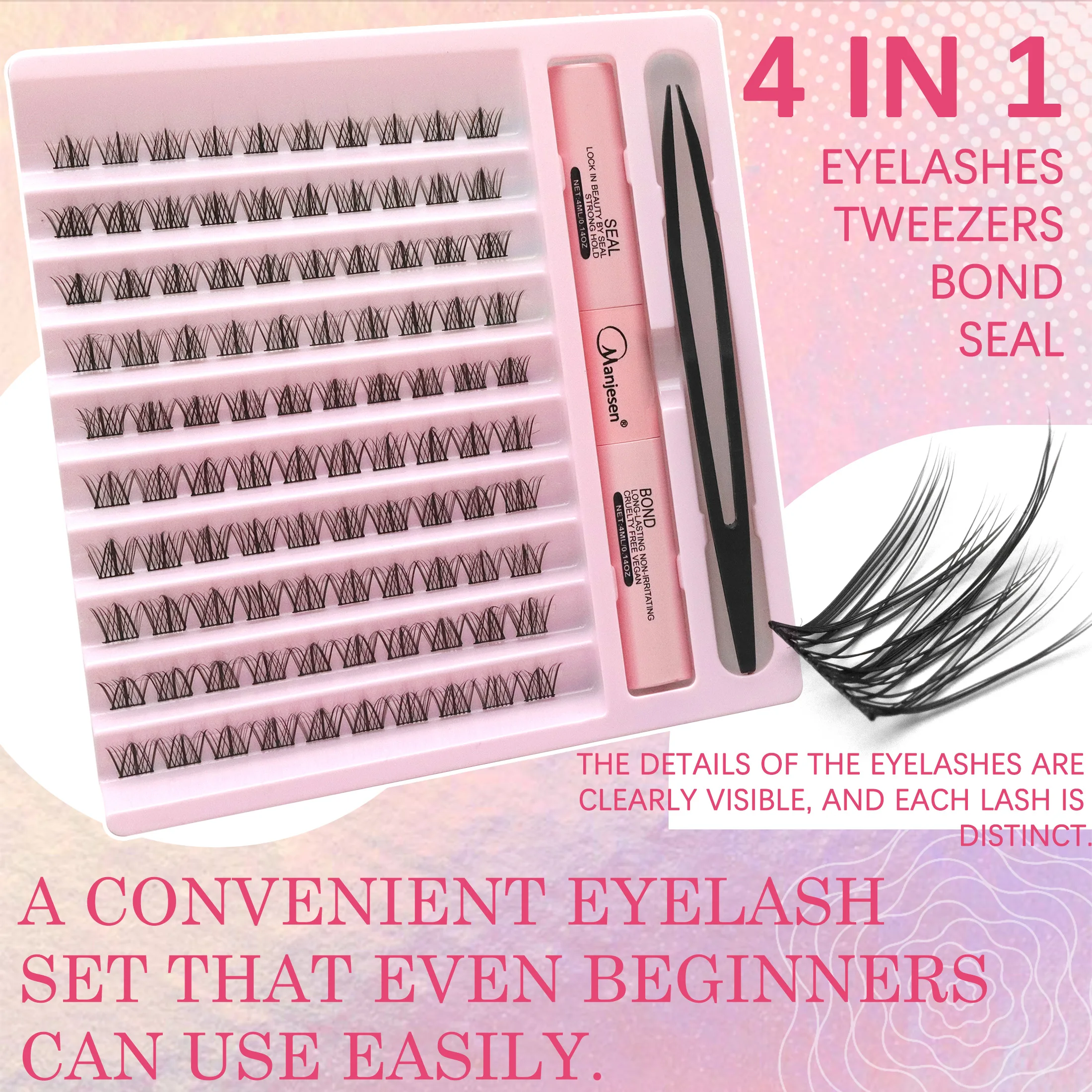 Zestaw do samodzielnego przedłużania rzęs, 200 kępek sztucznych rzęs, mieszanka kępek rzęs z klejem do rzęs, aplikatorem i narzędziem do makijażu.