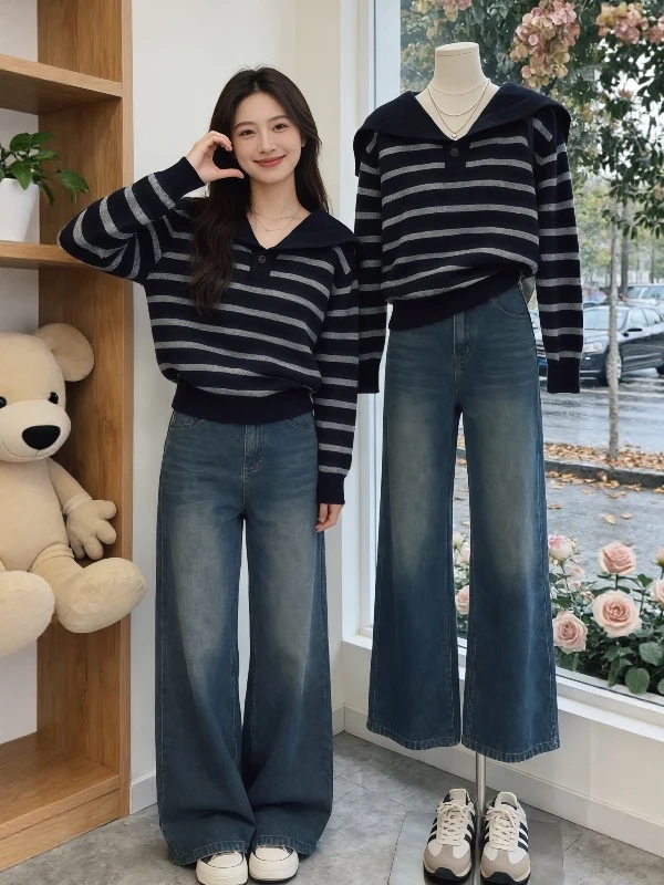 

Loose Knitted Navy Collar Striped Women's Top Korean Sle Spring 2026 Casual Versatile Casual Commute Faion Ladies' Clothes