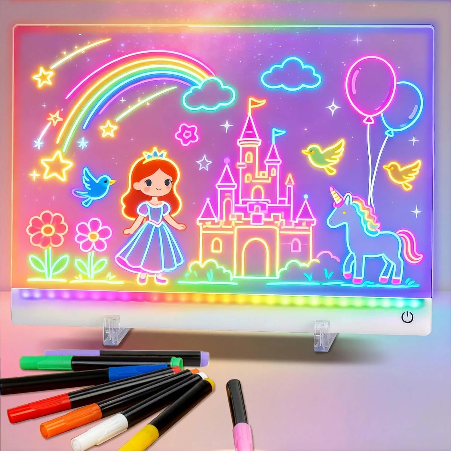 

Rechargeable LED Drawing Board for Kids with 7 Colors & 4 Modes, 13.8x10 Dry Erase Board with Stands and Markers