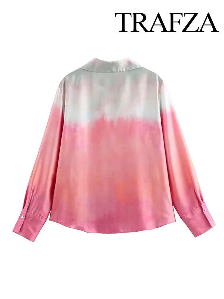 TRAFZA Women's Summer Gradient Casual Shirts Tie Dye Turn-Down Collar Long Sleeves Single Breasted Women Fashion Blouse 2 Color