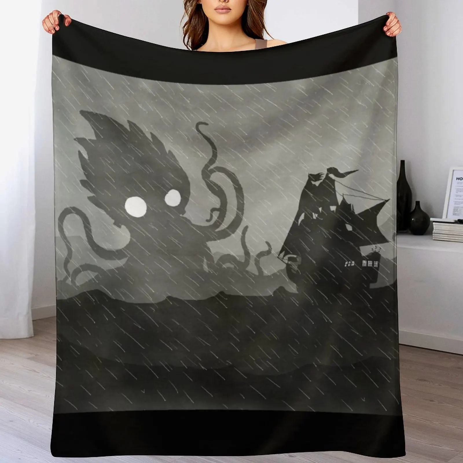 Rainy Ship & Kraken Throw Blanket wednesday Decoratives Plush Polar Blankets